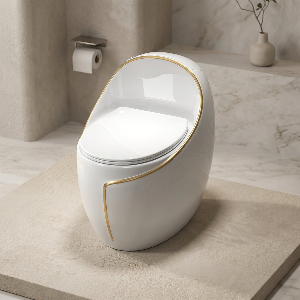 Inodoro One Piece Girasol + Tapa Asiento Y Acces. Ovalado Blanco Y Linea Dorada (640X415X640) - Fratelli Premium